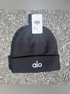 ALO Yoga Kids Black Beanie with White Logo